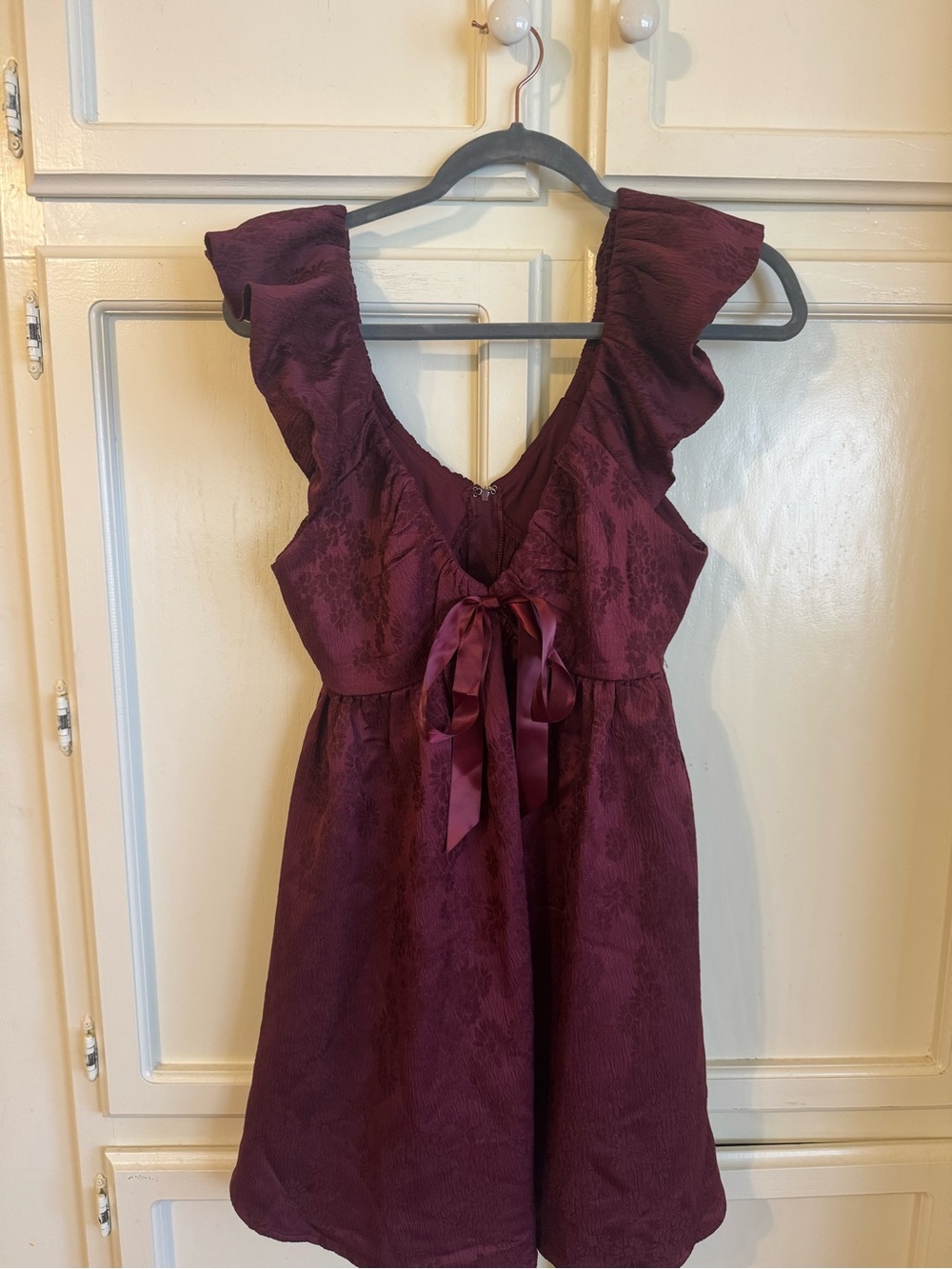 Francesca's Collections Burgundy Ruffle Bow Mini Dress